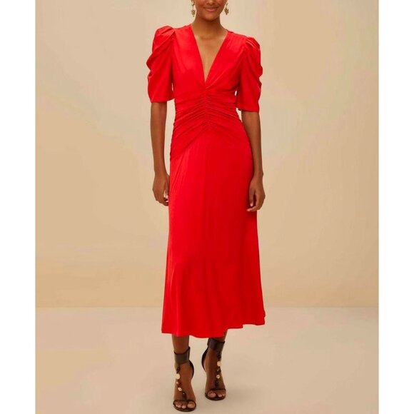 NWOT Farm Rio Red Gathered Midi Dress Size XS